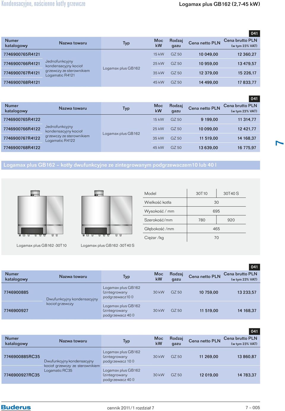 gazu Cena netto PLN 041 4690065R4122 15 kw GZ 50 9 199,00 11 314, Jednofunkcyjny 4690066R4122 25 kw GZ 50 10 099,00 12 421, kondensacyjny kocioł Logamax plus GB162 grzewczy ze sterownikiem