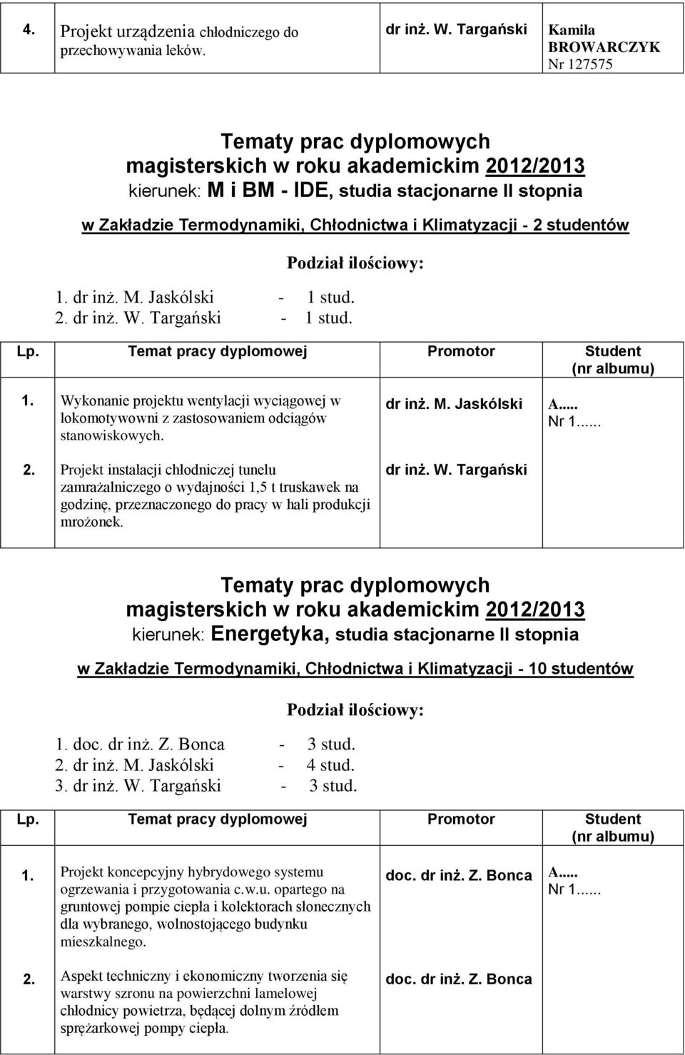 stud. - 1 stud. Wykonanie projektu wentylacji wyciągowej w lokomotywowni z zastosowaniem odciągów stanowiskowych. A... Nr.