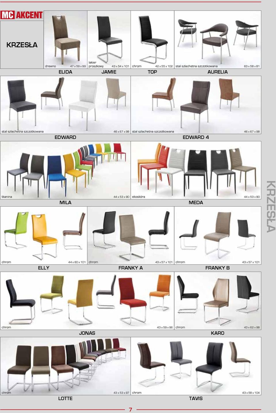 46 x 67 x 98 tkanina MILA 44 x 53 x 90 ekoskóra 44 x 53 x 90 MEDA KRZESŁA chrom 44 x 60 x 101 chrom 43 x 57 x 101 chrom