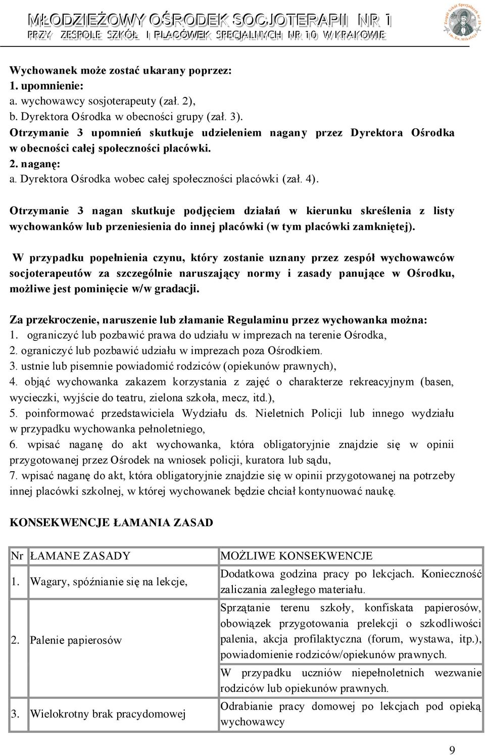 Otrzymanie 3 nagan skutkuje podjęciem działań w kierunku skreślenia z listy wychowanków lub przeniesienia do innej placówki (w tym placówki zamkniętej).