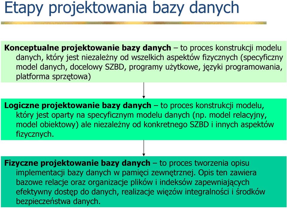 (np. model relacyjny, model obiektowy) ale niezaleŝny od konkretnego SZBD i innych aspektów fizycznych.