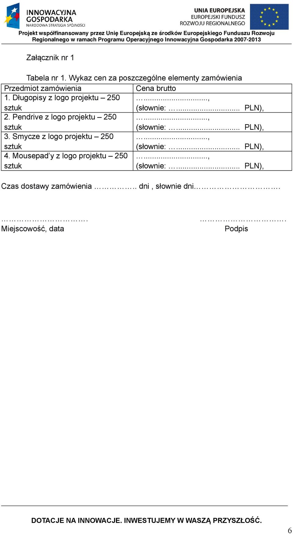 Długopisy z logo projektu 250..., (słownie:... PLN), 2. Pendrive z logo projektu 250..., (słownie:... PLN), 3.