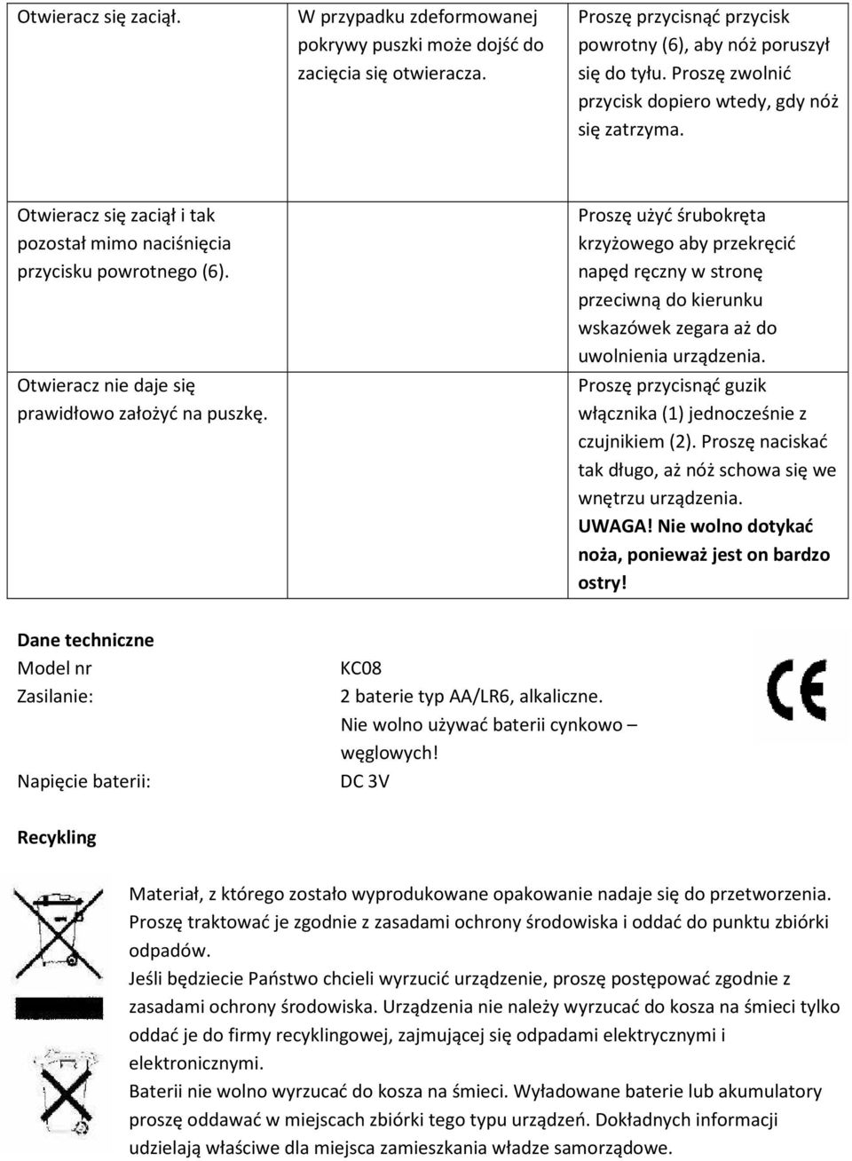 Proszę użyć śrubokręta krzyżowego aby przekręcić napęd ręczny w stronę przeciwną do kierunku wskazówek zegara aż do uwolnienia urządzenia.