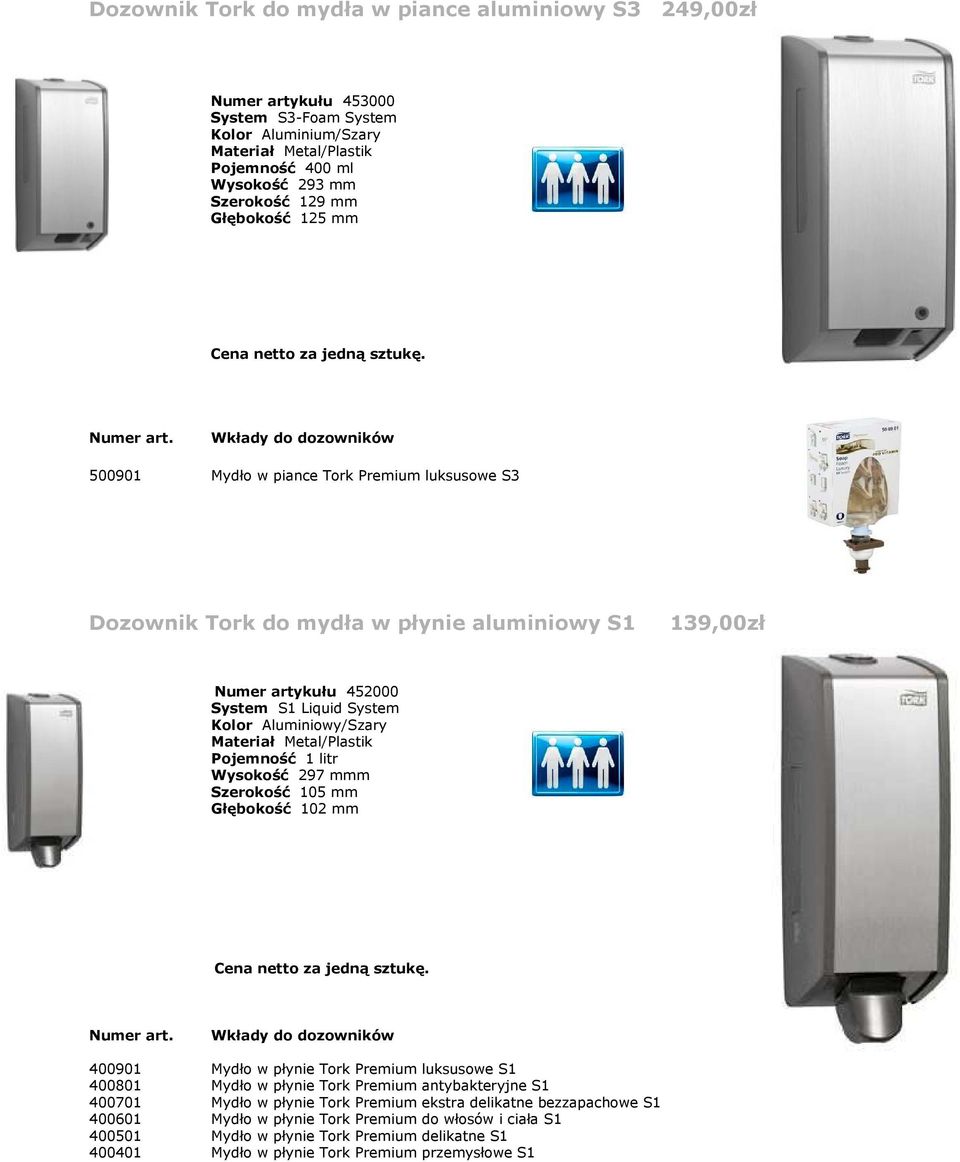litr Wysokość 297 mmm Szerokość 105 mm Głębokość 102 mm 400901 Mydło w płynie Tork Premium luksusowe S1 400801 Mydło w płynie Tork Premium antybakteryjne S1 400701 Mydło w płynie Tork