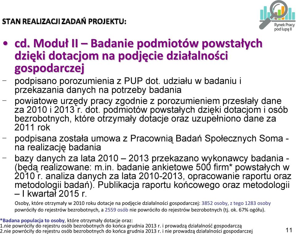 podmiotów powstałych dzięki dotacjom i osób bezrobotnych, które otrzymały dotacje oraz uzupełniono dane za 2011 rok podpisana została umowa z Pracownią Badań Społecznych Soma - na realizację badania