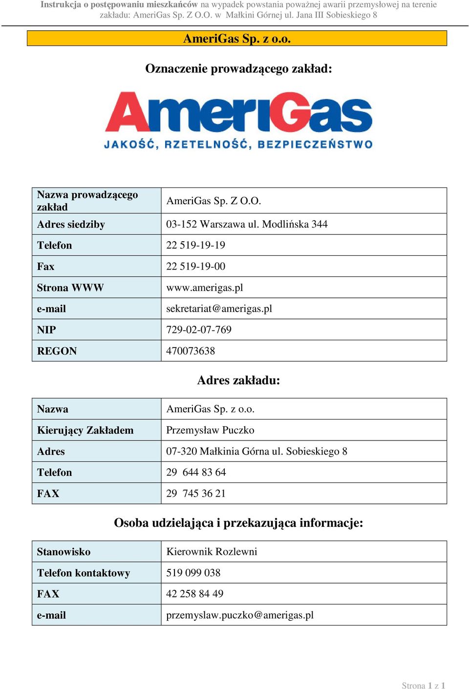 pl NIP 729-02-07-769 REGON 470073638 Adres zakładu: Nazwa Kierujący Zakładem AmeriGas Sp. z o.o. Przemysław Puczko Adres 07-320 Małkinia Górna ul.