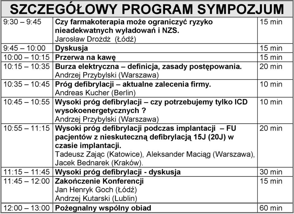 20 min Andrzej Przybylski (Warszawa) 10:35 10:45 Próg defibrylacji aktualne zalecenia firmy.