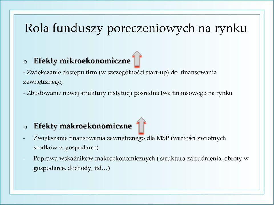 rynku o - - Efekty makroekonomiczne Zwiększanie finansowania zewnętrznego dla MSP (wartości zwrotnych środków