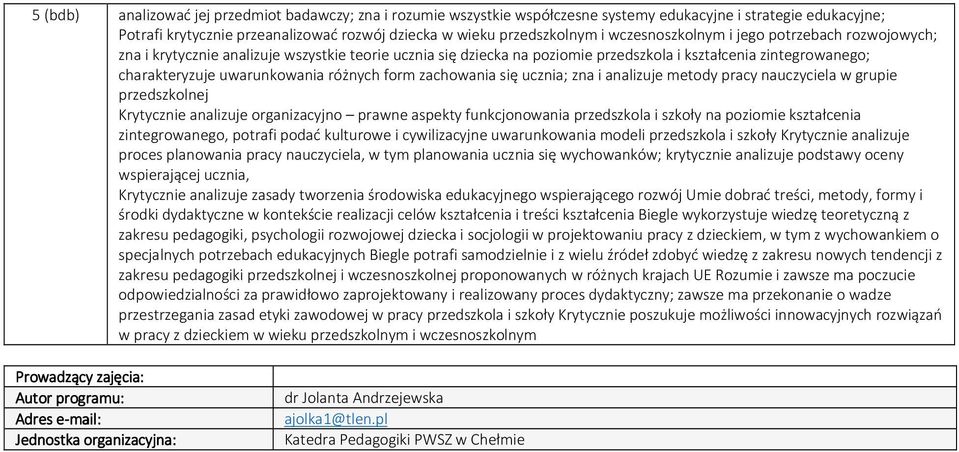 różnych form zachowania się ucznia; zna i analizuje metody pracy nauczyciela w grupie przedszkolnej Krytycznie analizuje organizacyjno prawne aspekty funkcjonowania przedszkola i szkoły na poziomie