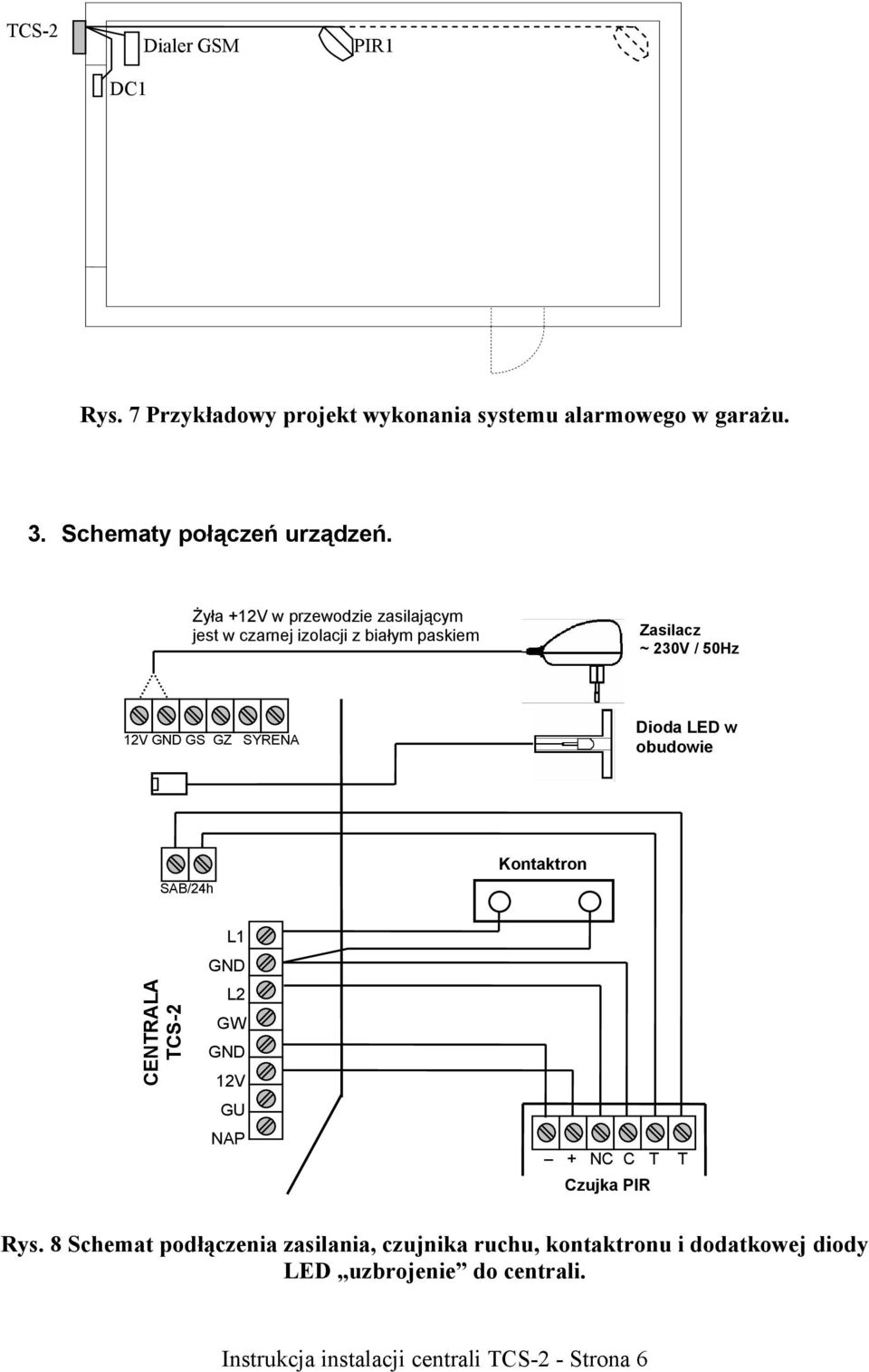 LED w obudowie SAB/24h Kontaktron CENTRALA TCS-2 L1 L2 GW 12V GU NAP + NC C T T Czujka PIR Rys.