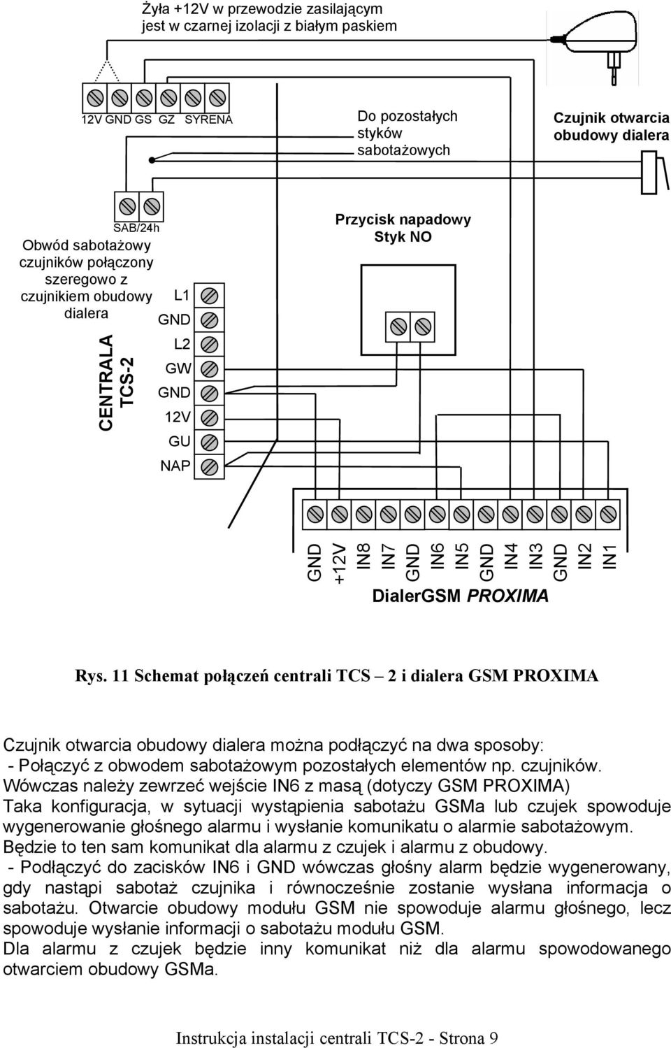 11 Schemat połączeń centrali TCS 2 i dialera GSM PROXIMA Czujnik otwarcia obudowy dialera można podłączyć na dwa sposoby: - Połączyć z obwodem sabotażowym pozostałych elementów np. czujników.