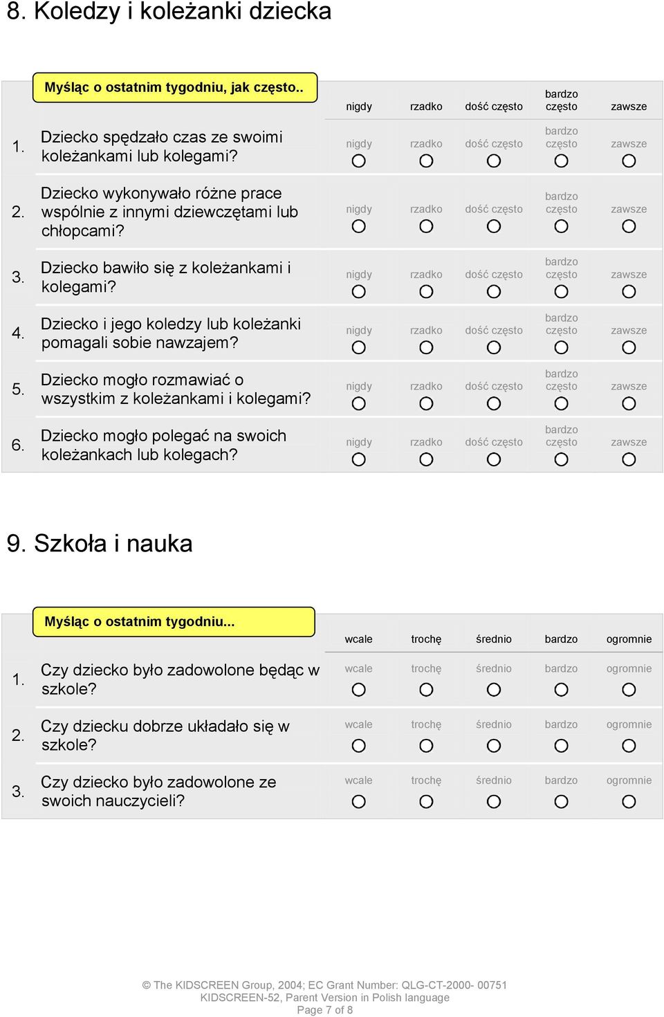 nigdy rzadko dość Dziecko i jego koledzy lub koleżanki pomagali sobie nawzajem? nigdy rzadko dość Dziecko mogło rozmawiać o wszystkim z koleżankami i kolegami? nigdy rzadko dość 6.