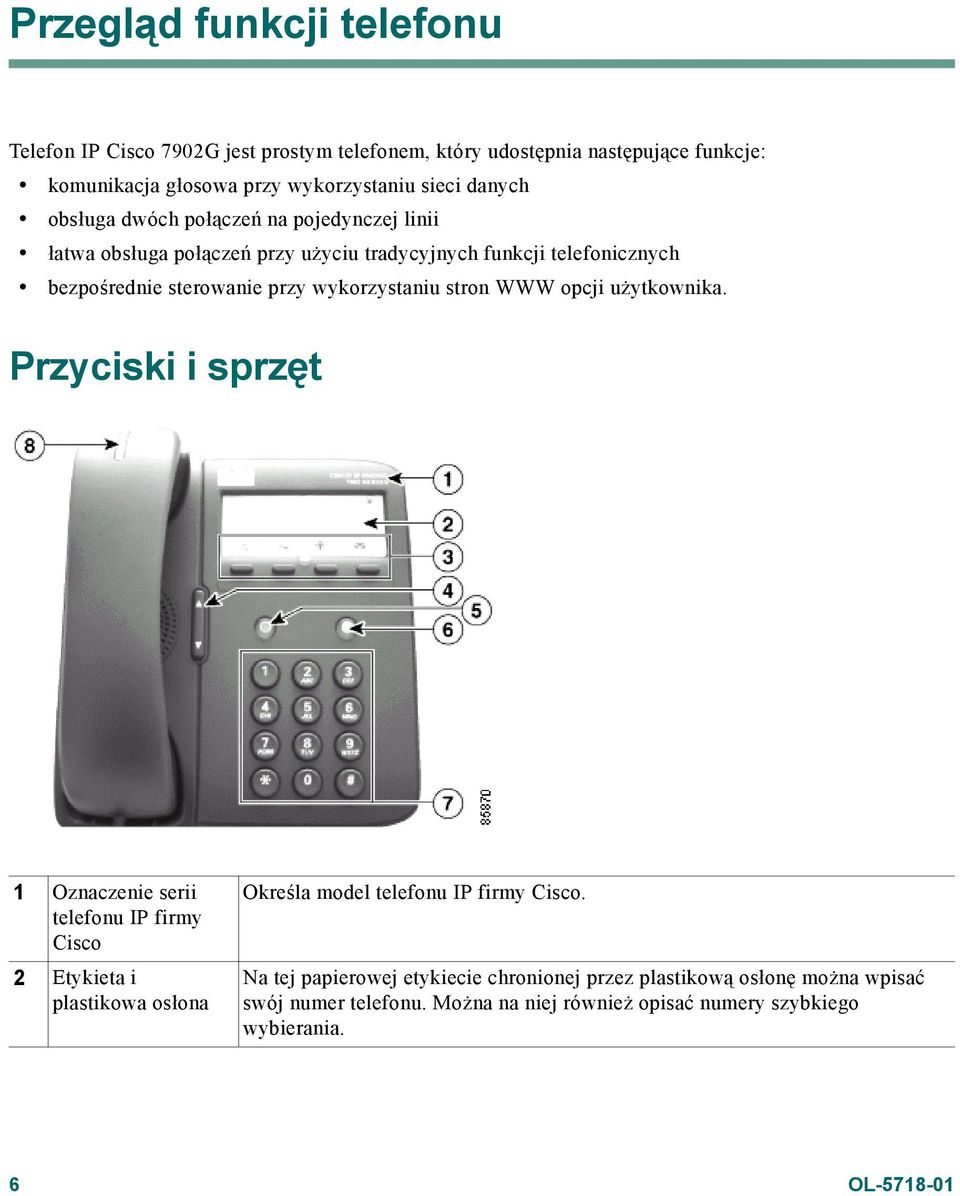 stron WWW opcji użytkownika. Przyciski i sprzęt 1 Oznaczenie serii telefonu IP firmy Cisco 2 Etykieta i plastikowa osłona Określa model telefonu IP firmy Cisco.