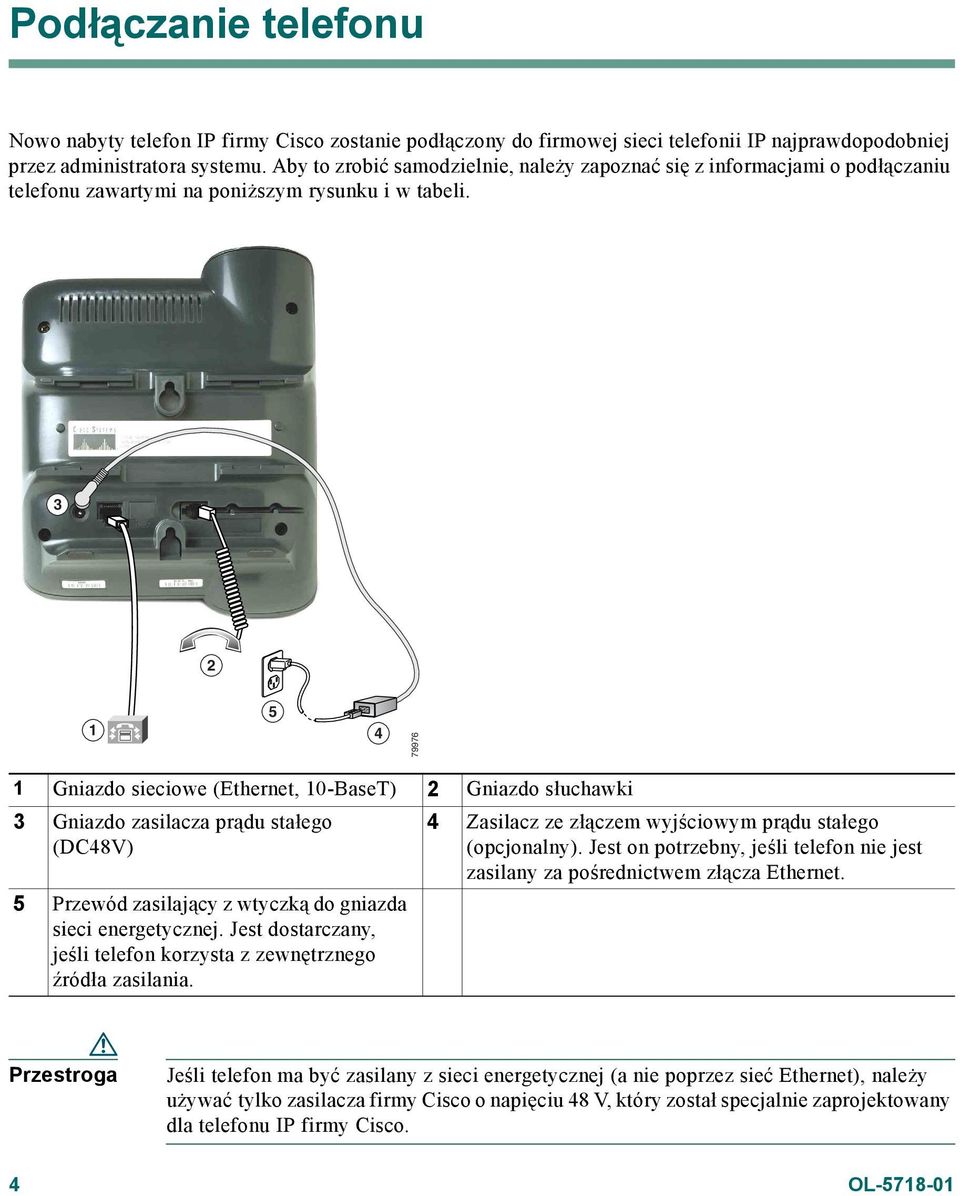 3 2 1 5 4 79976 1 Gniazdo sieciowe (Ethernet, 10-BaseT) 2 Gniazdo słuchawki 3 Gniazdo zasilacza prądu stałego (DC48V) 5 Przewód zasilający z wtyczką do gniazda sieci energetycznej.
