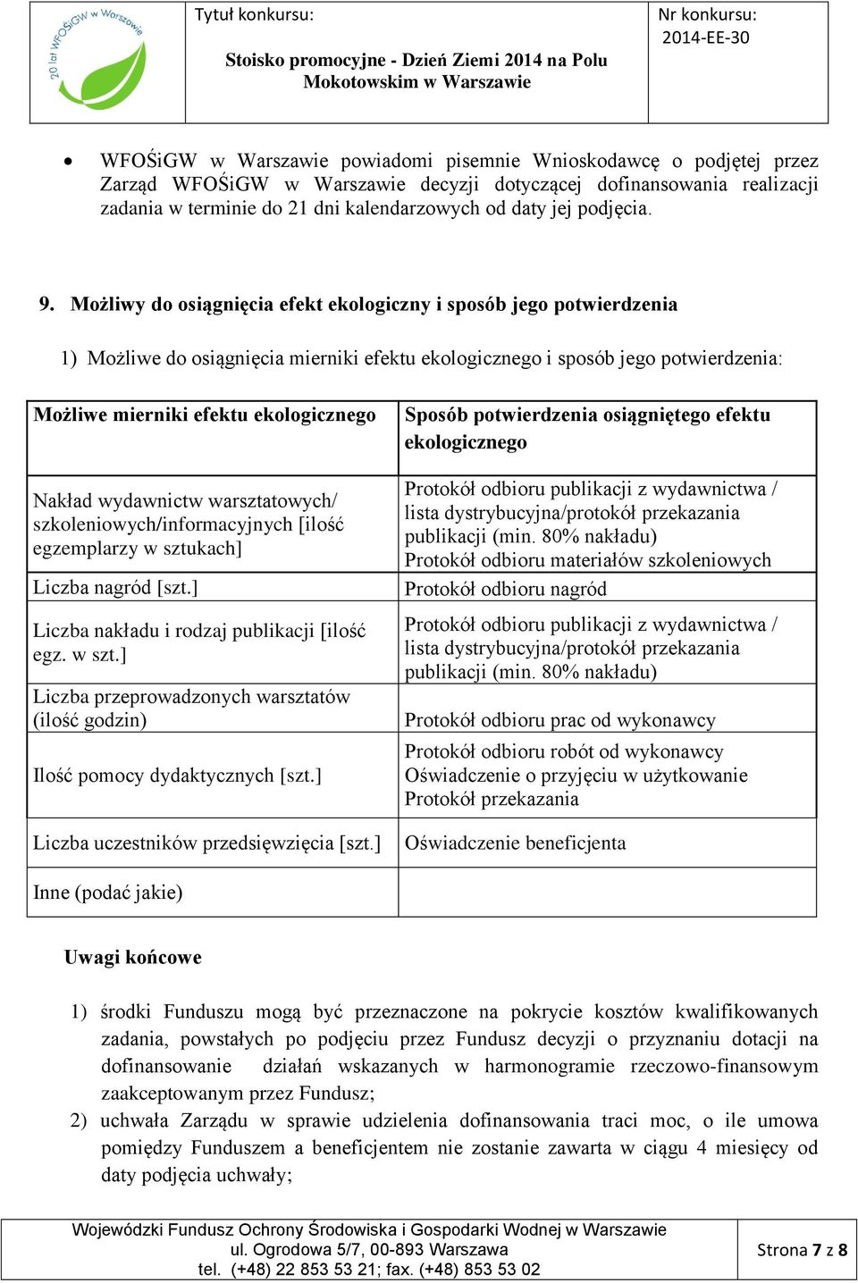 Możliwy do osiągnięcia efekt ekologiczny i sposób jego potwierdzenia 1) Możliwe do osiągnięcia mierniki efektu ekologicznego i sposób jego potwierdzenia: Możliwe mierniki efektu ekologicznego Nakład