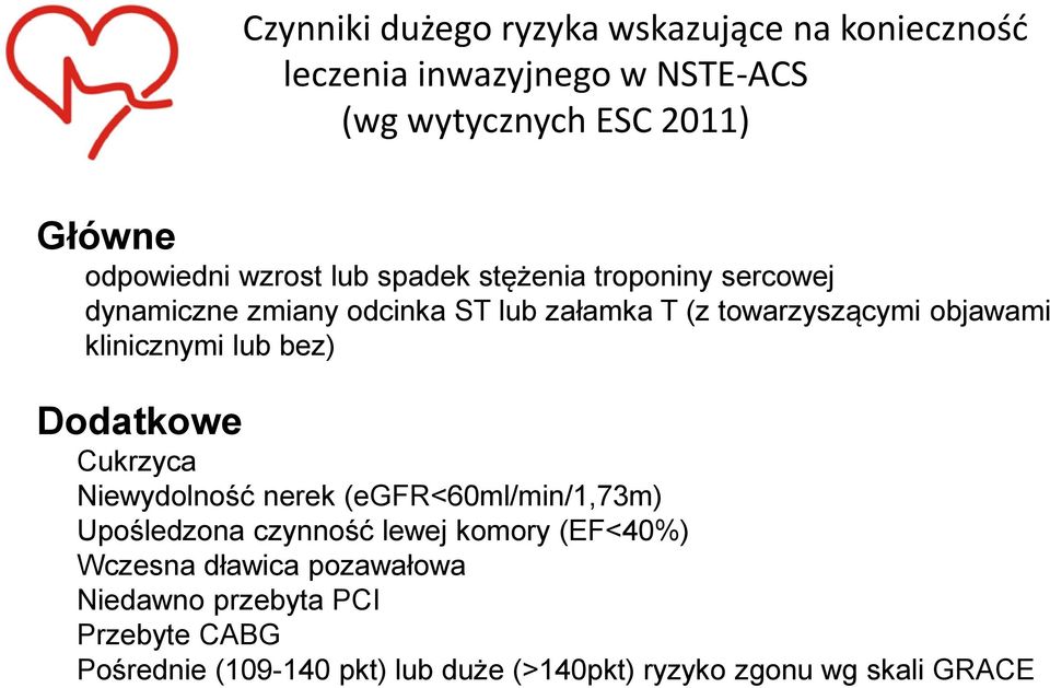 klinicznymi lub bez) Dodatkowe Cukrzyca Niewydolność nerek (egfr<60ml/min/1,73m) Upośledzona czynność lewej komory (EF<40%)