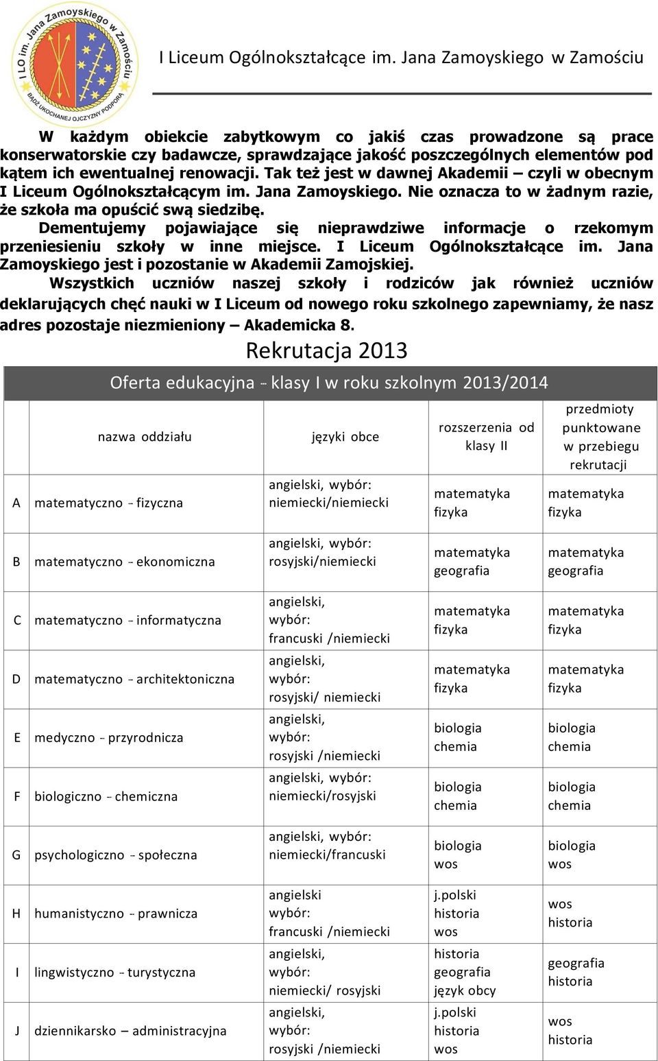 Dementujemy pojawiające się nieprawdziwe informacje o rzekomym przeniesieniu szkoły w inne miejsce. I Liceum Ogólnokształcące im. Jana Zamoyskiego jest i pozostanie w Akademii Zamojskiej.