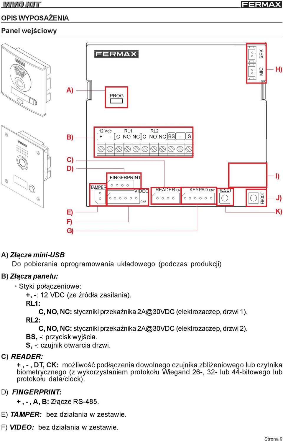 RL1: C, NO, NC: styczniki przekaÿnika 2A@30VDC (elektrozaczep, drzwi 1). RL2: C, NO, NC: styczniki przekaÿnika 2A@30VDC (elektrozaczep, drzwi 2). BS, -: przycisk wyjœcia. S, -: czujnik otwarcia drzwi.