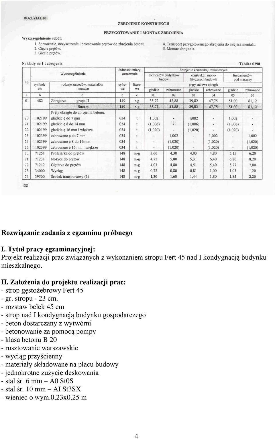 Założenia do projektu realizacji prac: - strop gęstożebrowy Fert 45 - gr. stropu - 23 cm.