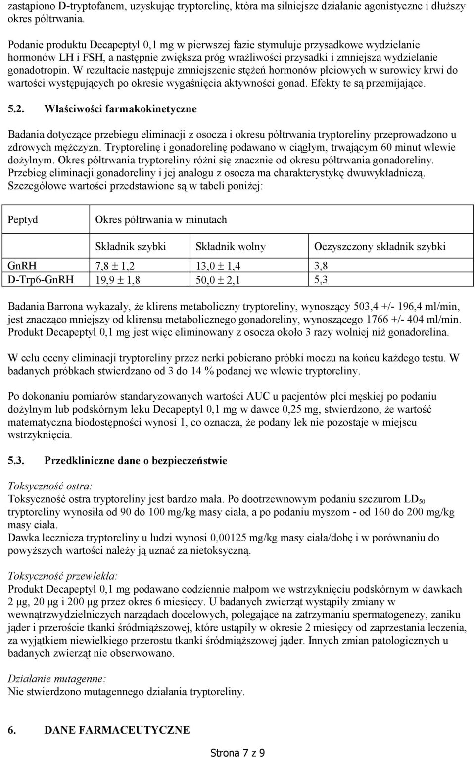 W rezultacie następuje zmniejszenie stężeń hormonów płciowych w surowicy krwi do wartości występujących po okresie wygaśnięcia aktywności gonad. Efekty te są przemijające. 5.2.