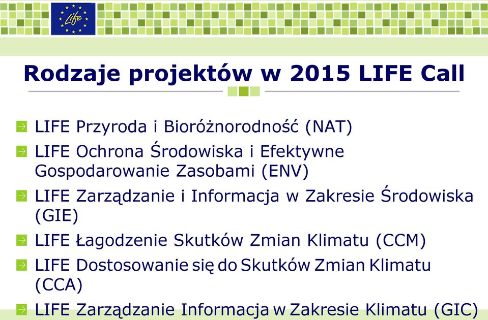 Zakresie Środowiska (GIE) LIFE Łagodzenie Skutków Zmian Klimatu (CCM) LIFE