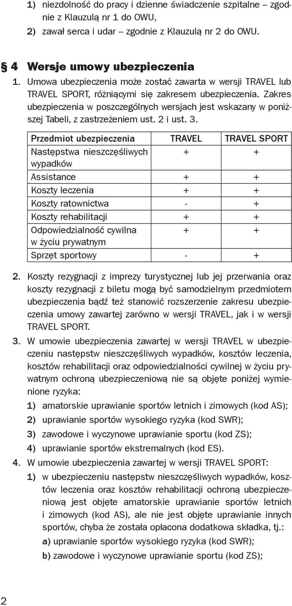 Zakres ubezpieczenia w poszczególnych wersjach jest wskazany w poniższej Tabeli, z zastrzeżeniem ust. 2 i ust. 3.