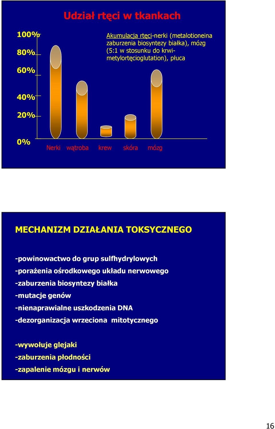 -powinowactwo do grup sulfhydrylowych -poraŝenia ośrodkowego układu nerwowego -zaburzenia biosyntezy białka -mutacje genów