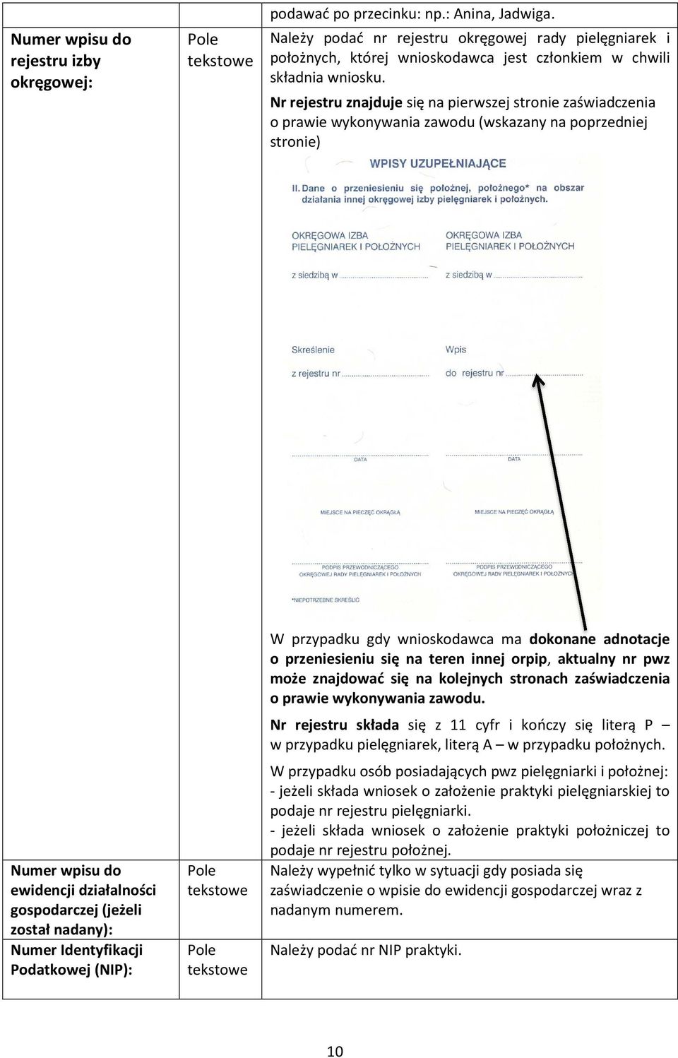 Nr rejestru znajduje się na pierwszej stronie zaświadczenia o prawie wykonywania zawodu (wskazany na poprzedniej stronie) Numer wpisu do ewidencji działalności gospodarczej (jeżeli został nadany):