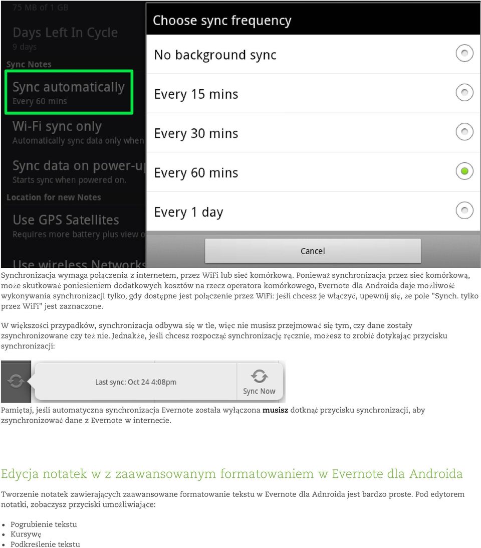 gdy dostępne jest połączenie przez WiFi: jeśli chcesz je włączyć, upewnij się, że pole "Synch. tylko przez WiFi" jest zaznaczone.