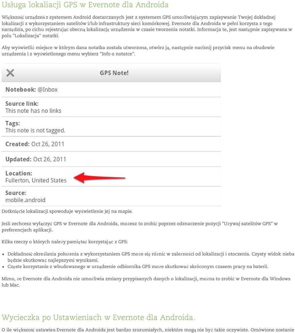 Informacja te, jest następnie zapisywana w polu "Lokalizacja" notatki.