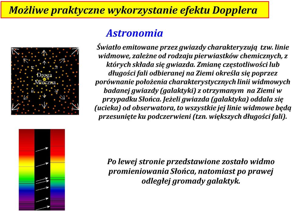 Zmianę częstotliwości lub długości fali odbieranej na Ziemi określa się poprzez porównanie położenia charakterystycznych linii widmowych badanej gwiazdy (galaktyki) z