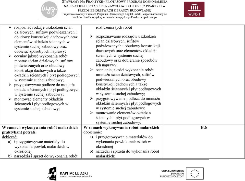 przygotowywać podłoże do montażu okładzin ściennych i płyt podłogowych w systemie suchej zabudowy; montować elementy okładzin ściennych i płyt podłogowych w systemie suchej zabudowy; W ramach