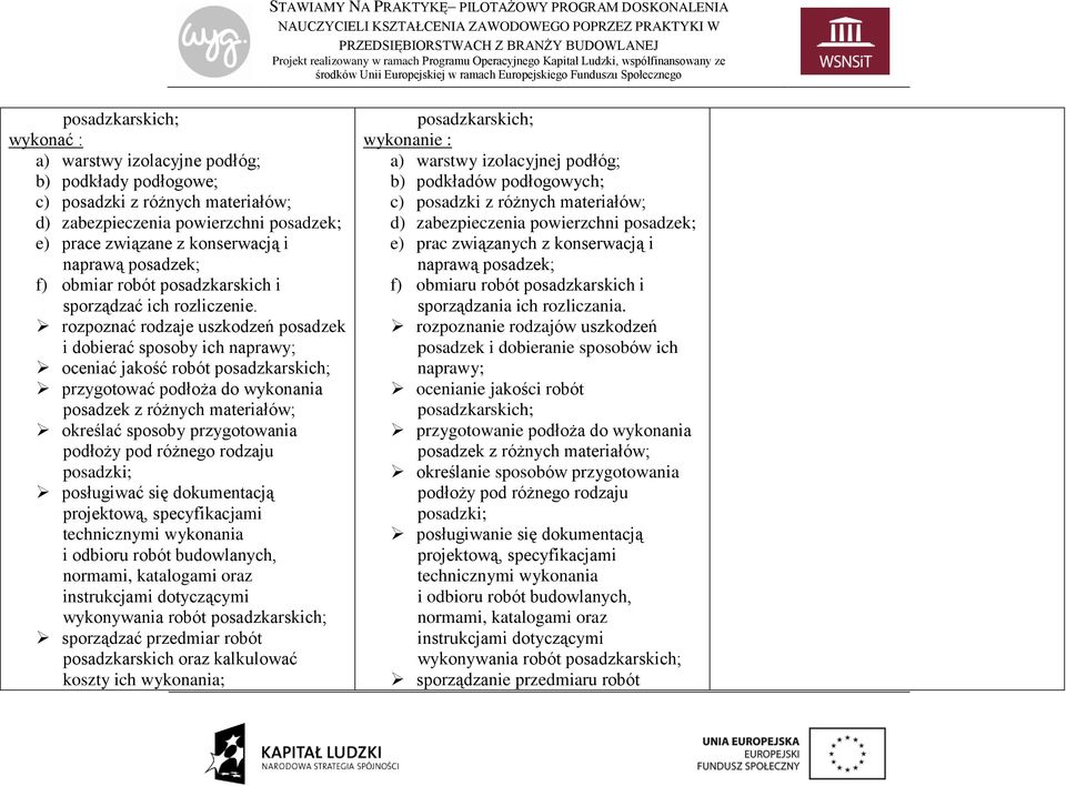 rozpoznać rodzaje uszkodzeń posadzek i dobierać sposoby ich naprawy; oceniać jakość robót posadzkarskich; przygotować podłoża do wykonania posadzek z różnych materiałów; określać sposoby