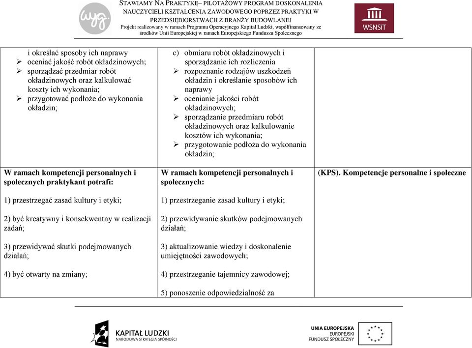 być otwarty na zmiany; c) obmiaru robót okładzinowych i sporządzanie ich rozliczenia rozpoznanie rodzajów uszkodzeń okładzin i określanie sposobów ich naprawy ocenianie jakości robót okładzinowych;