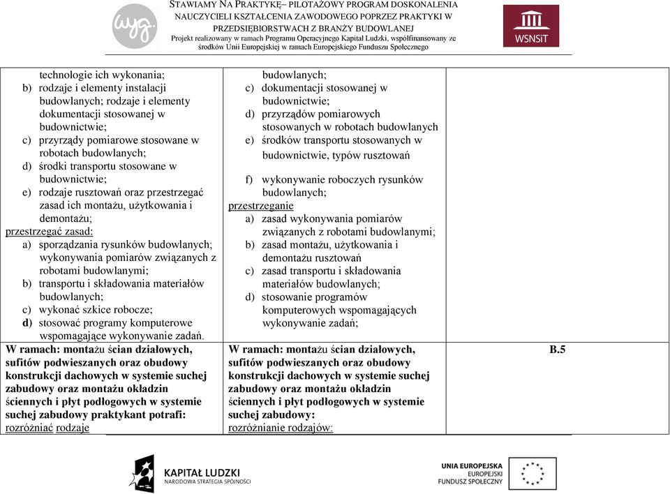 związanych z robotami budowlanymi; b) transportu i składowania materiałów budowlanych; c) wykonać szkice robocze; d) stosować programy komputerowe wspomagające wykonywanie zadań.