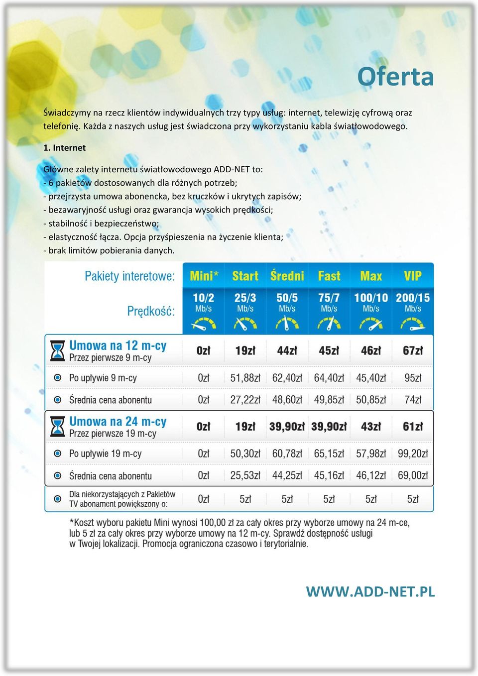 Internet Główne zalety internetu światłowodowego ADD-NET to: - 6 pakietów dostosowanych dla różnych potrzeb; - przejrzysta umowa