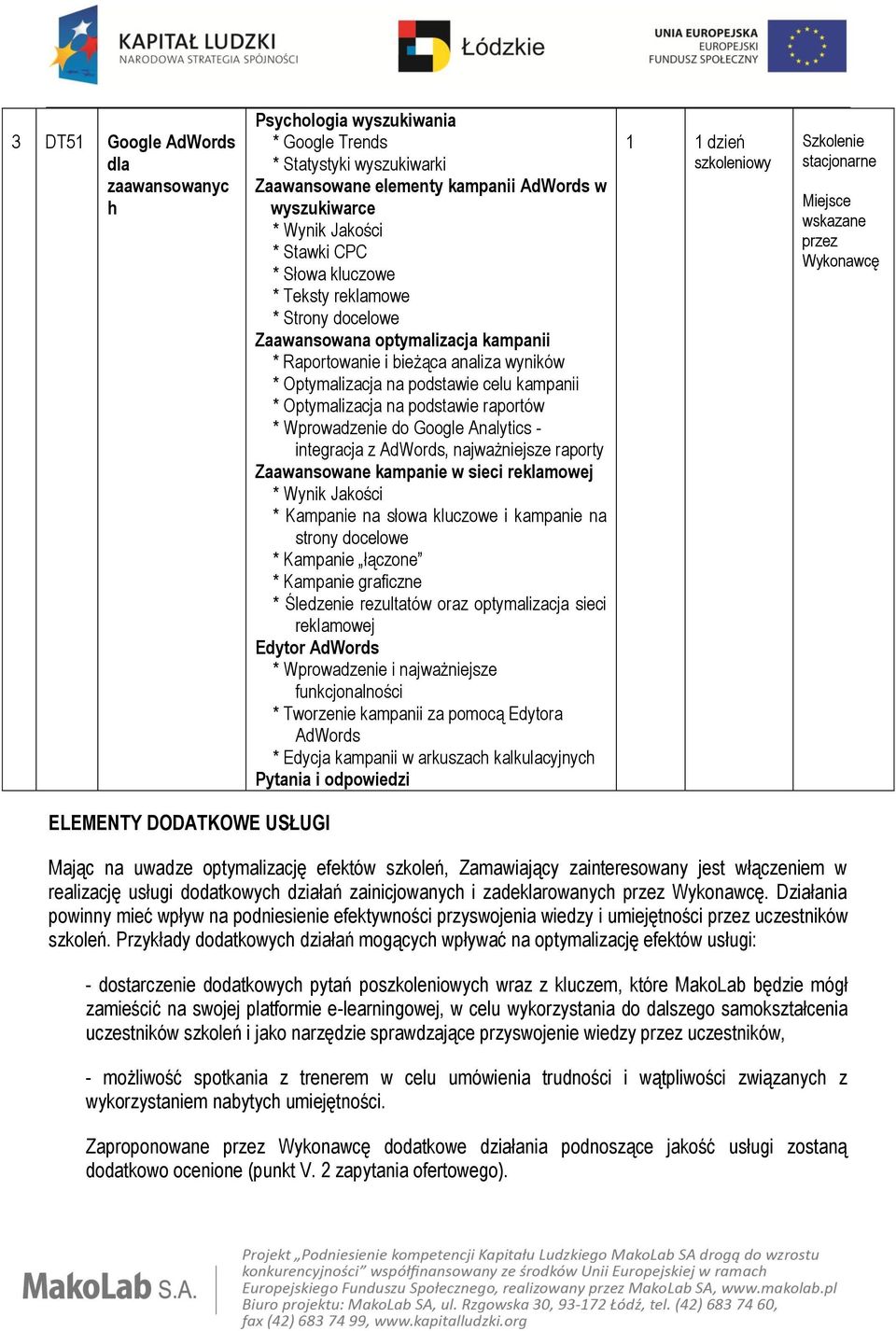 raportów * Wprowadzenie do Google Analytics - integracja z AdWords, najważniejsze raporty Zaawansowane kampanie w sieci reklamowej * Wynik Jakości * Kampanie na słowa kluczowe i kampanie na strony