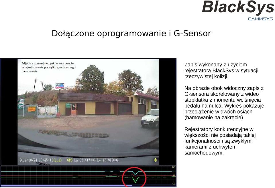 Na obrazie obok widoczny zapis z G-sensora skorelowany z wideo i stopklatka z momentu wciśnięcia pedału