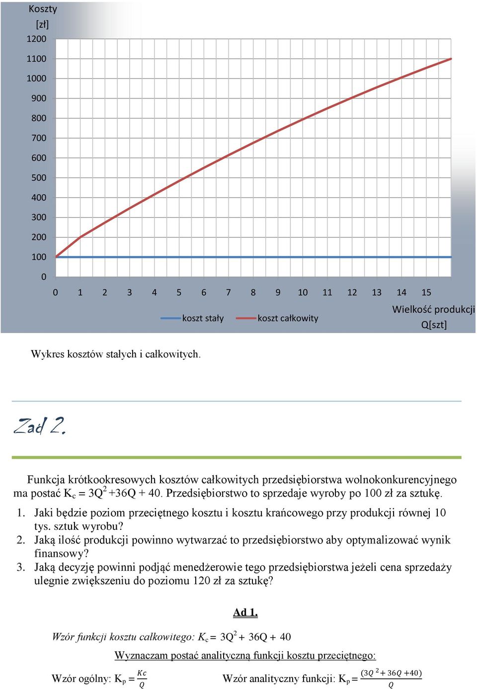 zł za sztukę. 1. Jaki będzie poziom przeciętnego kosztu i kosztu krańcowego przy produkcji równej 1 tys. sztuk wyrobu? 2.