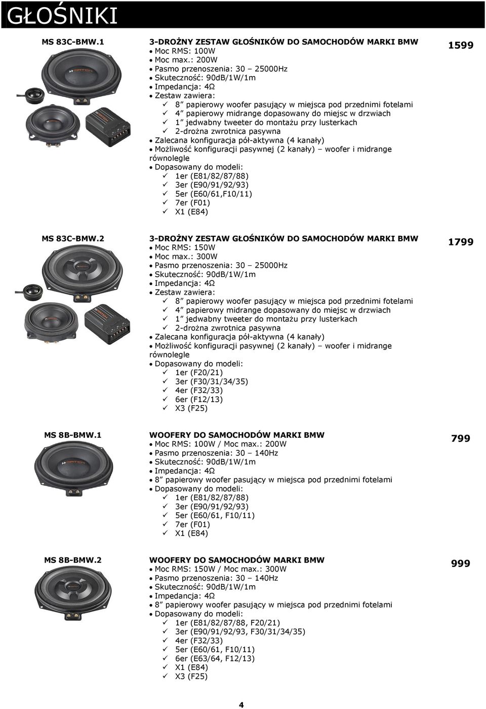 Możliwość konfiguracji pasywnej (2 kanały) woofer i midrange równolegle 1er (E81/82/87/88) 3er (E90/91/92/93) 5er (E60/61,F10/11) 7er (F01) 1599 MS 83C-BMW.