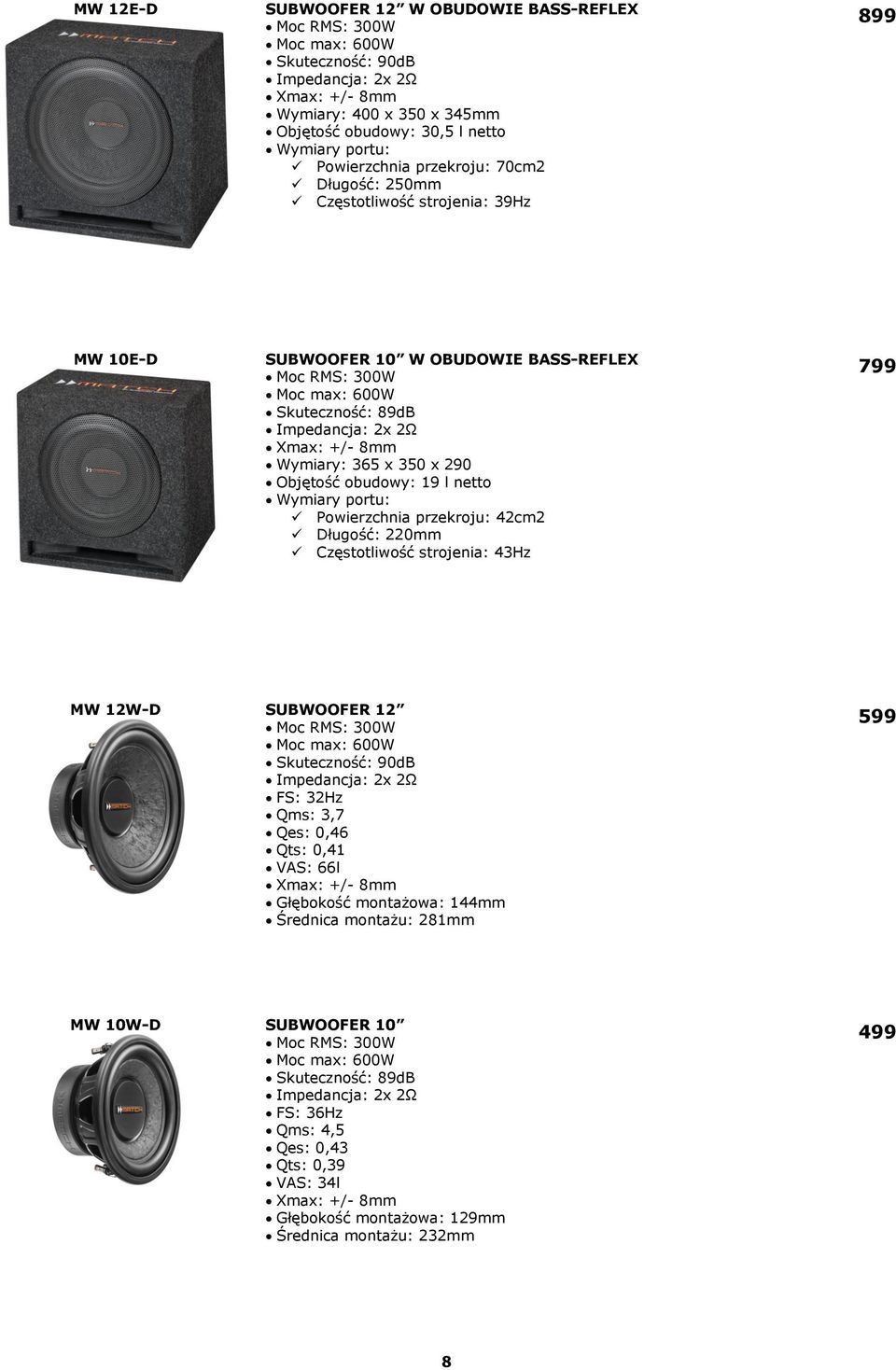 Powierzchnia przekroju: 42cm2 Długość: 220mm Częstotliwość strojenia: 43Hz MW 12W-D SUBWOOFER 12 Skuteczność: 90dB FS: 32Hz Qms: 3,7 Qes: 0,46 Qts: 0,41 VAS: 66l Xmax: +/- 8mm Głębokość