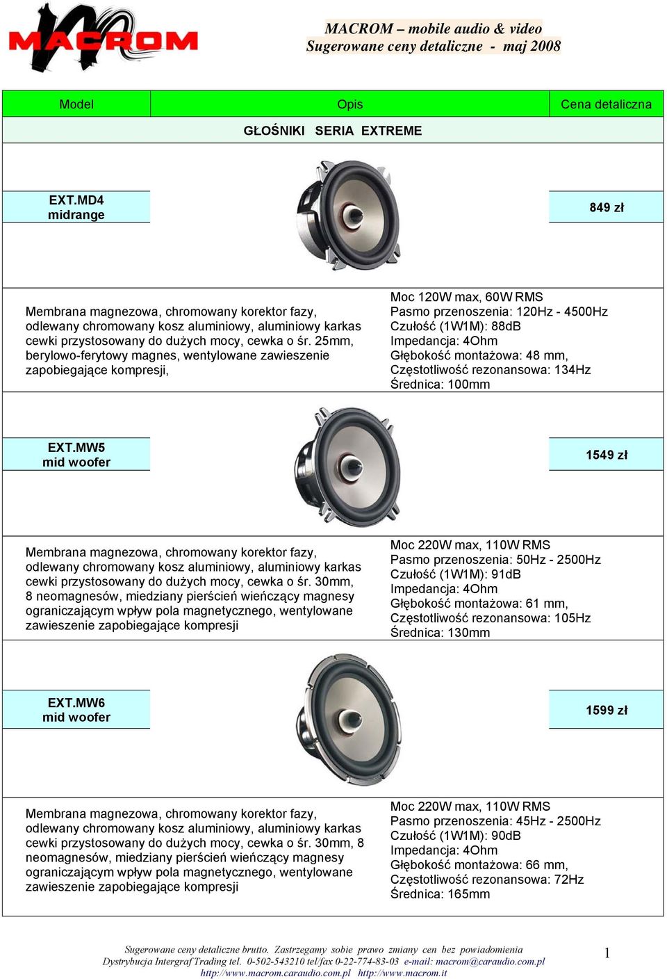 25mm, berylowo-ferytowy magnes, wentylowane zawieszenie zapobiegające kompresji, Moc 120W max, 60W RMS Pasmo przenoszenia: 120Hz - 4500Hz Czułość (1W1M): 88dB Częstotliwość rezonansowa: 134Hz EXT.