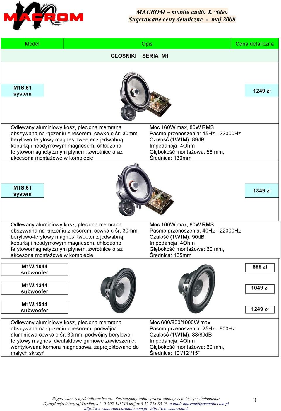 przenoszenia: 45Hz - 22000Hz Głębokość montażowa: 58 mm, M1S.61 1349 zł Odlewany aluminiowy kosz, pleciona memrana obszywana na łączeniu z resorem, cewko o śr.