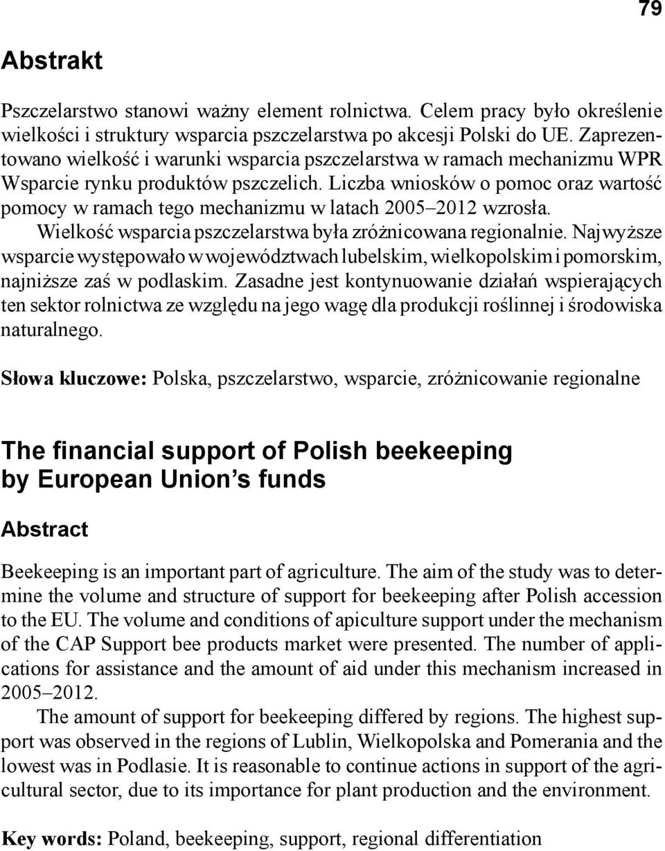 Liczba wniosków o pomoc oraz wartość pomocy w ramach tego mechanizmu w latach 2005 2012 wzrosła. Wielkość wsparcia pszczelarstwa była zróżnicowana regionalnie.