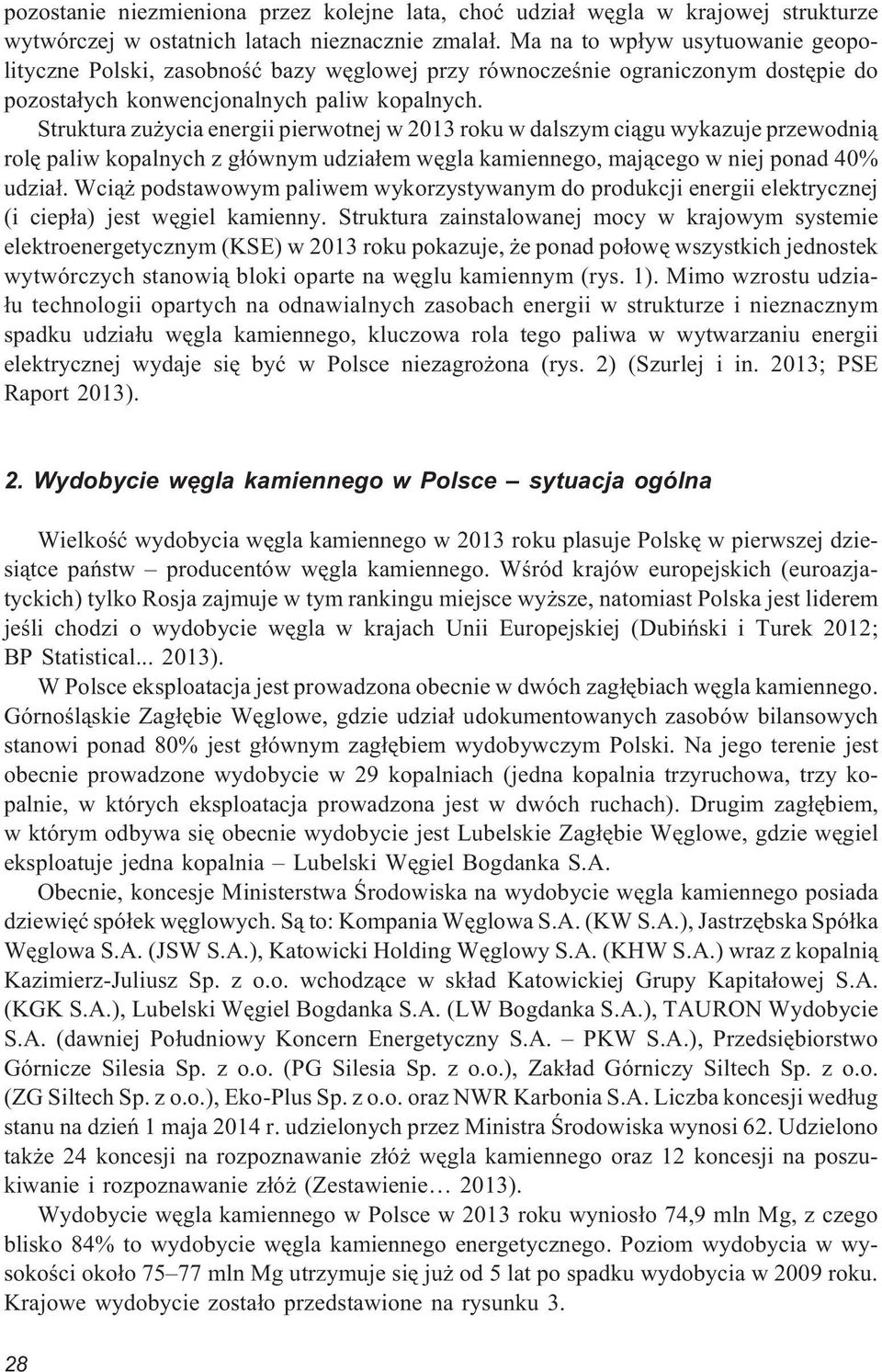 Struktura zu ycia energii pierwotnej w 2013 roku w dalszym ci¹gu wykazuje przewodni¹ rolê paliw kopalnych z g³ównym udzia³em wêgla kamiennego, maj¹cego w niej ponad 40% udzia³.