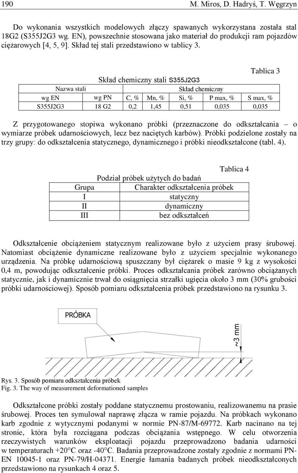 Skład chemiczny stali S355J2G3 Tablica 3 Nazwa stali Skład chemiczny wg EN wg PN C, % Mn, % Si, % P max, % S max, % S355J2G3 18 G2 0,2 1,45 0,51 0,035 0,035 Z przygotowanego stopiwa wykonano próbki