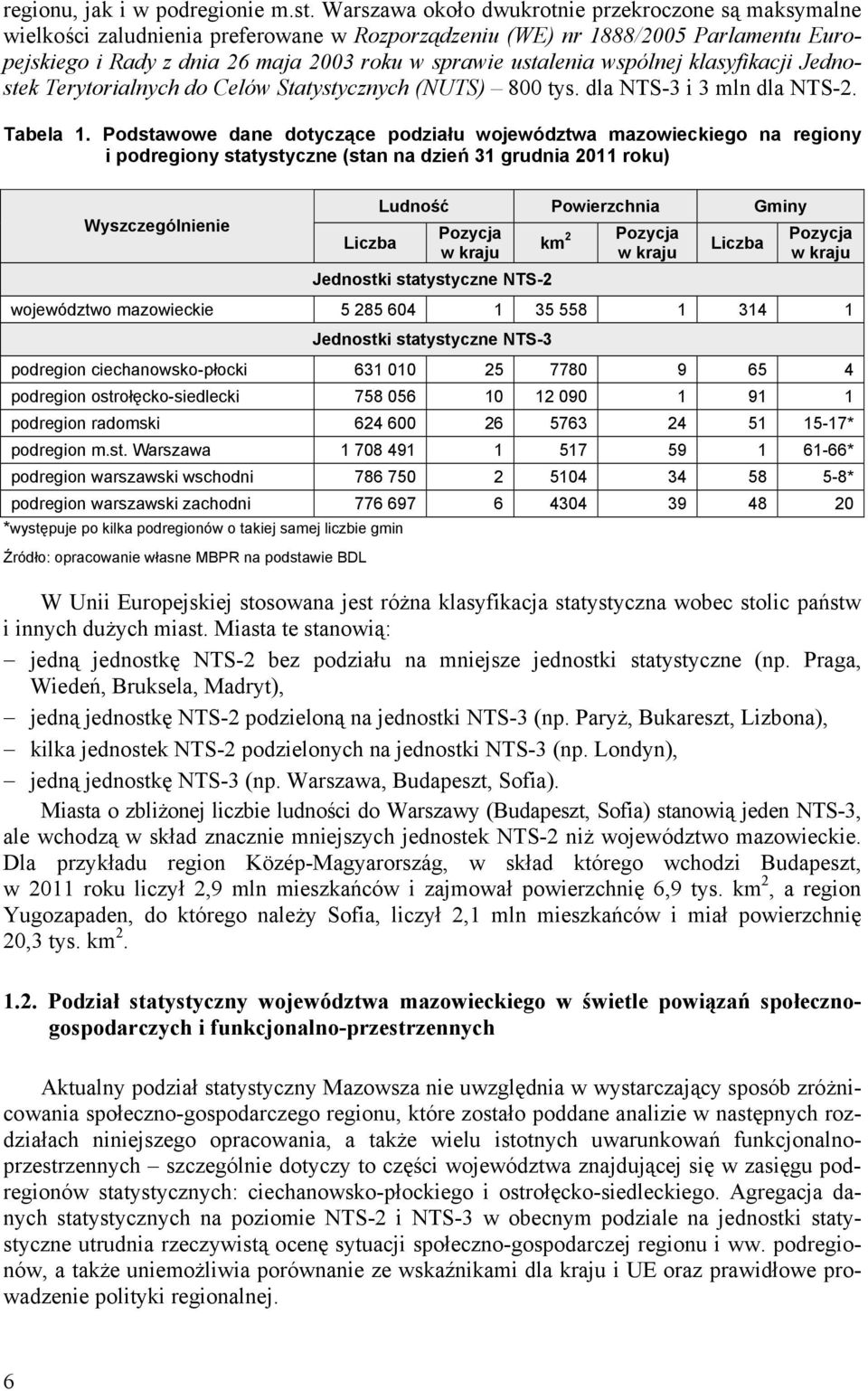 wspólnej klasyfikacji Jednostek Terytorialnych do Celów Statystycznych (NUTS) 800 tys. dla NTS-3 i 3 mln dla NTS-2. Tabela 1.