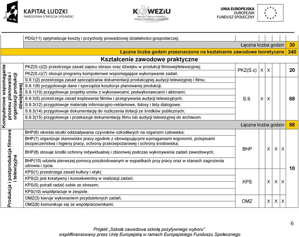 c)(2) przestrzega zasad zapisu obrazu oraz dźwięku w produkcji filmowej/telewizyjnej; PKZ(S.c)(7) stosuje programy komputerowe wspomagające wykonywanie zadań. S.9.