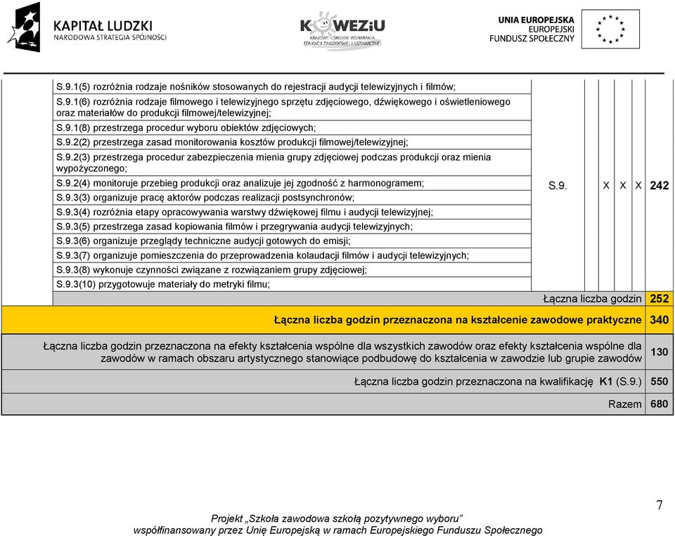 9.2(4) monitoruje przebieg produkcji oraz analizuje jej zgodność z harmonogramem; S.9.3(3) organizuje pracę aktorów podczas realizacji postsynchronów; S.9.3(4) rozróżnia etapy opracowywania warstwy dźwiękowej filmu i audycji telewizyjnej; S.