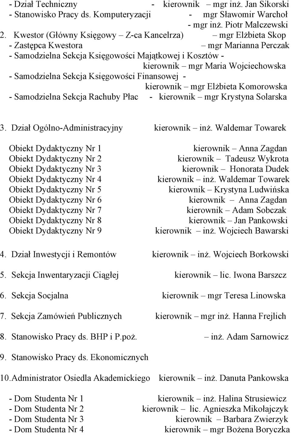 Samodzielna Sekcja Księgowości Finansowej - kierownik mgr Elżbieta Komorowska - Samodzielna Sekcja Rachuby Płac - kierownik mgr Krystyna Solarska 3. Dział Ogólno-Administracyjny kierownik inż.